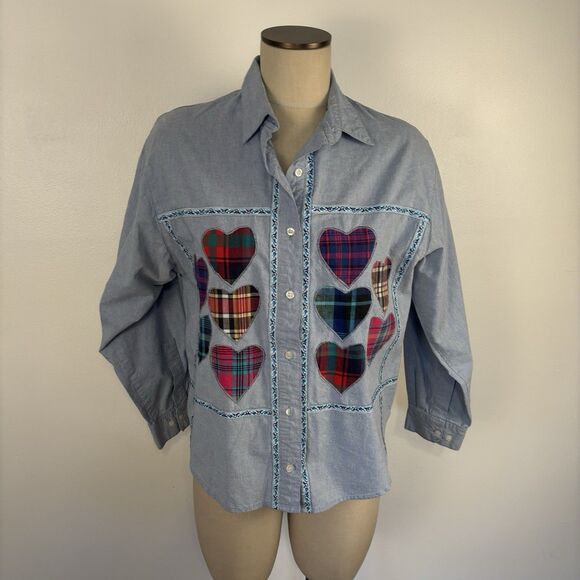 VTG Cricket by the Creek Blue Cotton Button Up Plaid Kitschy Hearts Shirt Top M - Picture 1 of 7